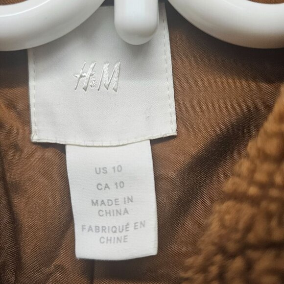 H&M Women's Teddy Sherpa Jacket Button Front Size 10 Brown Polyester - Picture 11 of 13